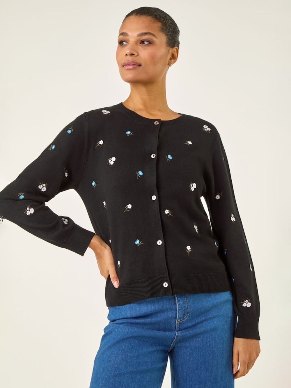 Roman Black Floral Embroidered Knit Cardigan - Picture 2 of 9